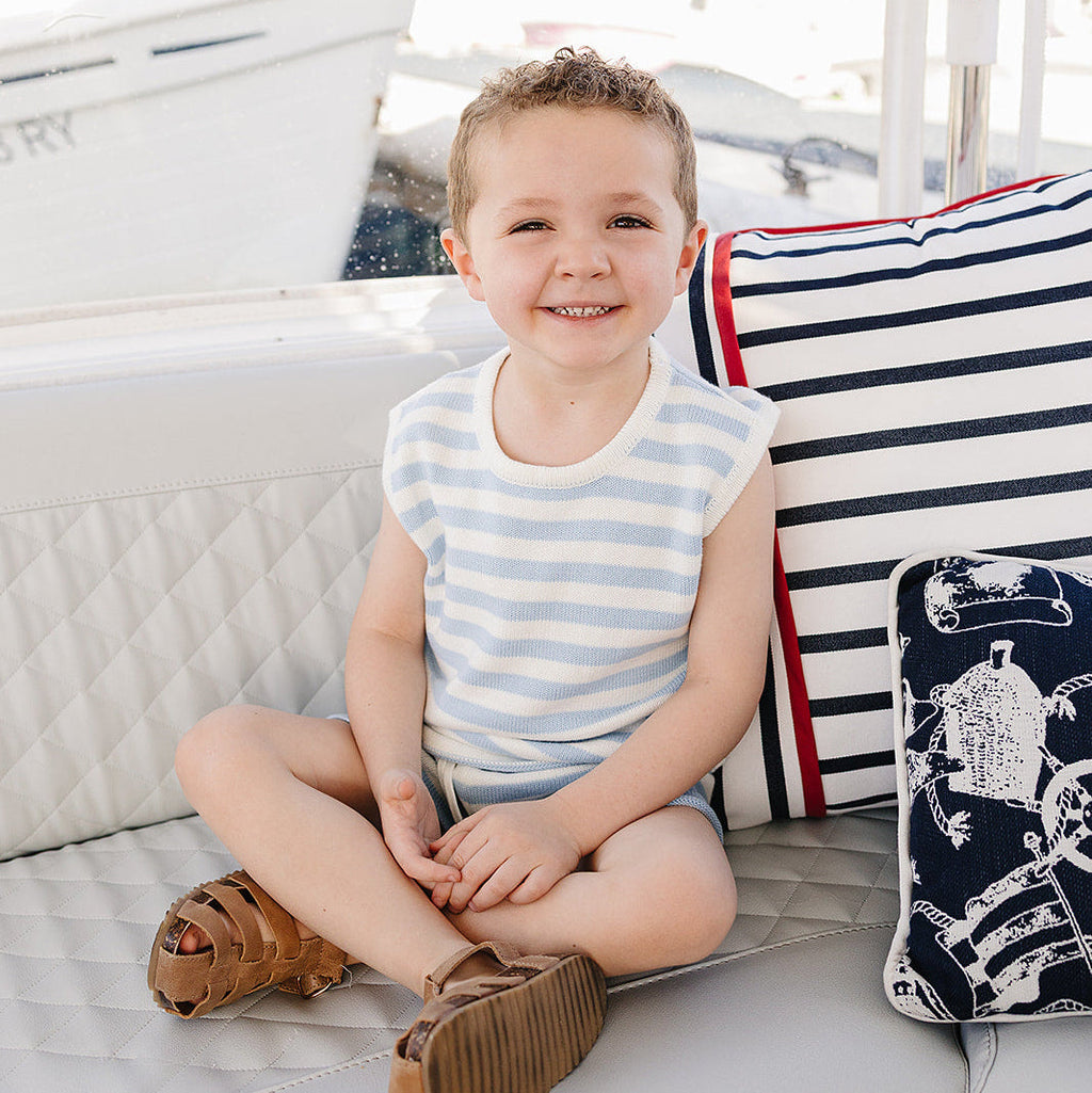 Cotton Knit Shorts & Tank Set - Blue Stripe