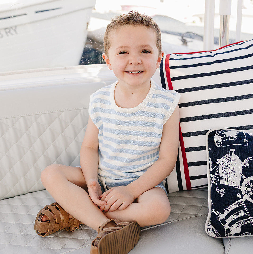 Cotton Knit Shorts & Tank Set - Blue Stripe