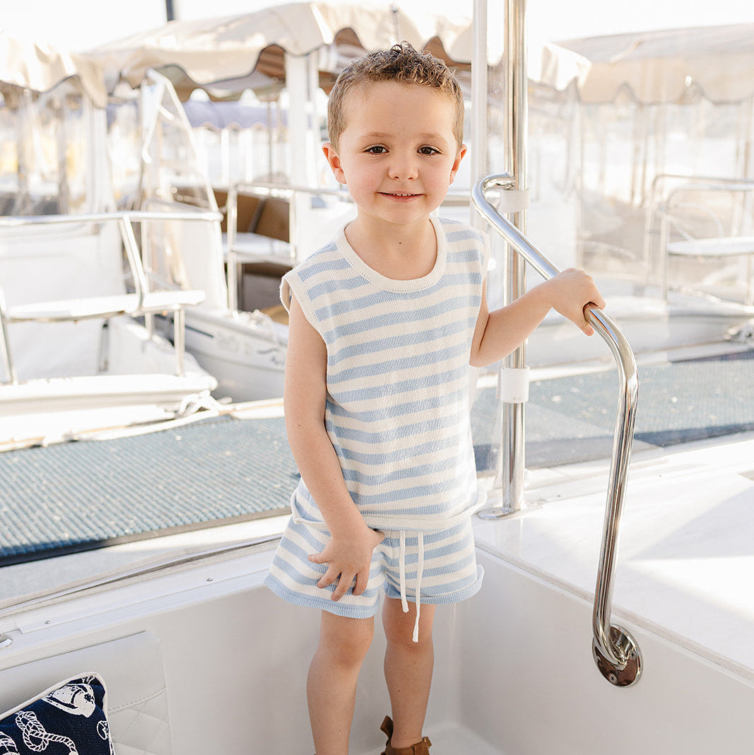 Cotton Knit Shorts & Tank Set - Blue Stripe