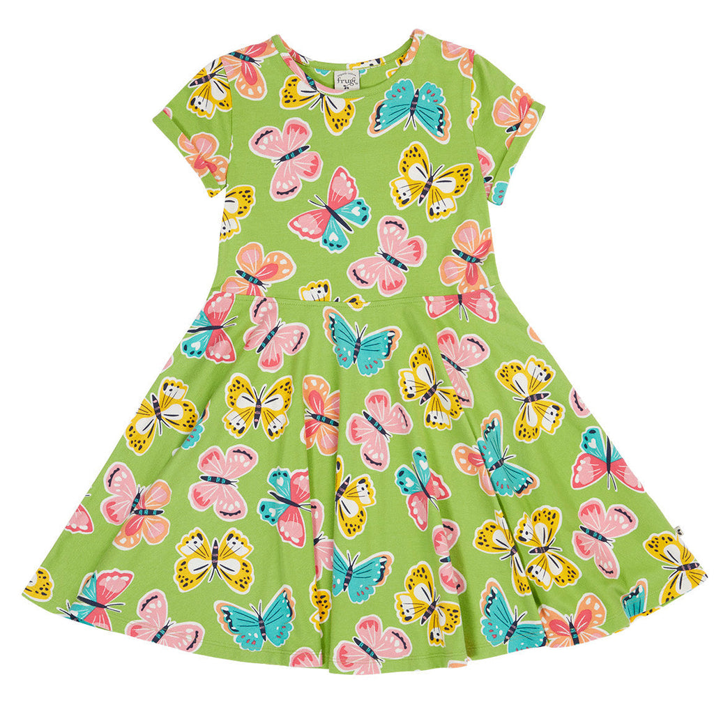 Organic Cotton Short Sleeve Skater Dress - Lime Butterfly