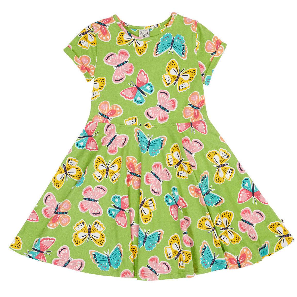 Organic Cotton Short Sleeve Skater Dress - Lime Butterfly