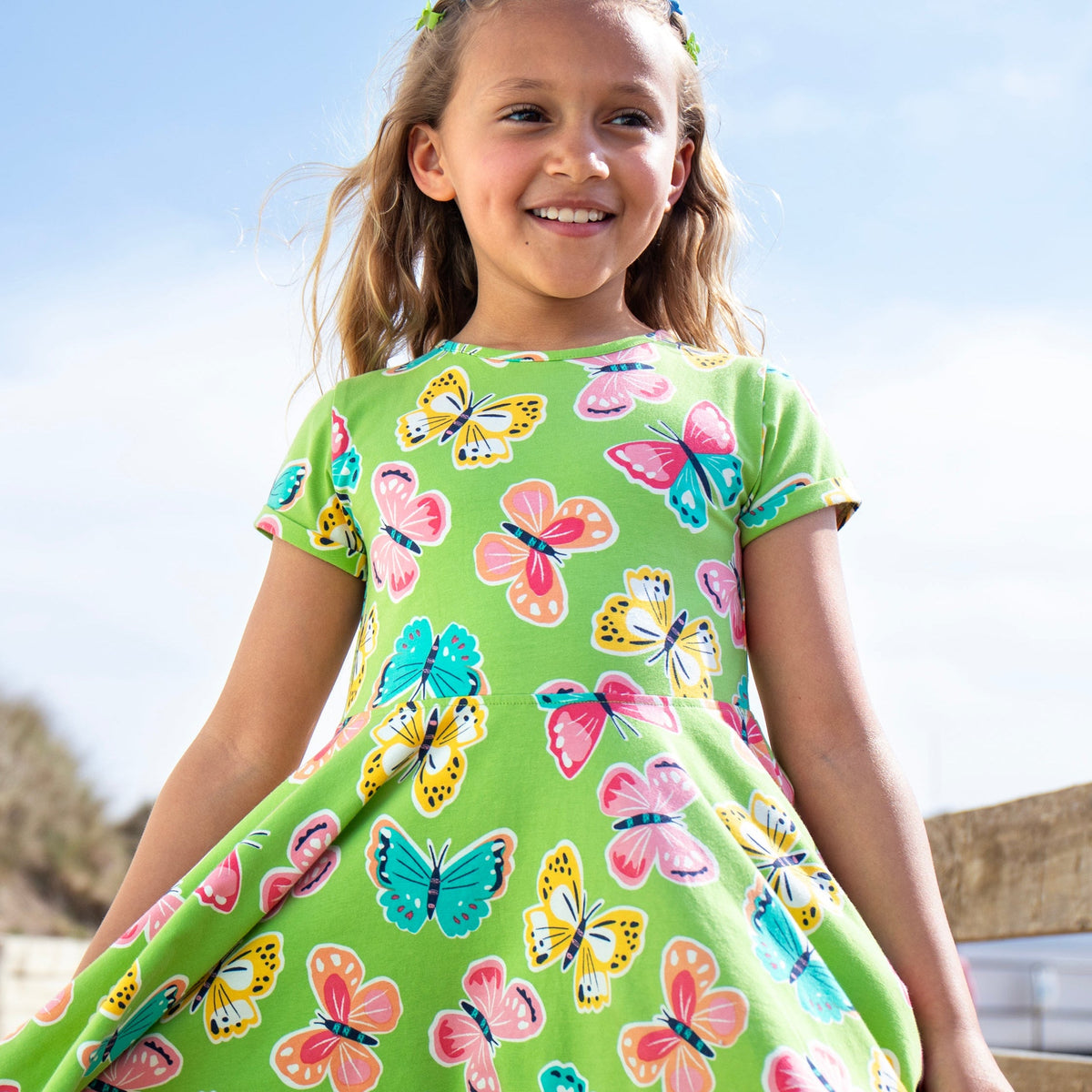 Organic Cotton Short Sleeve Skater Dress - Lime Butterfly