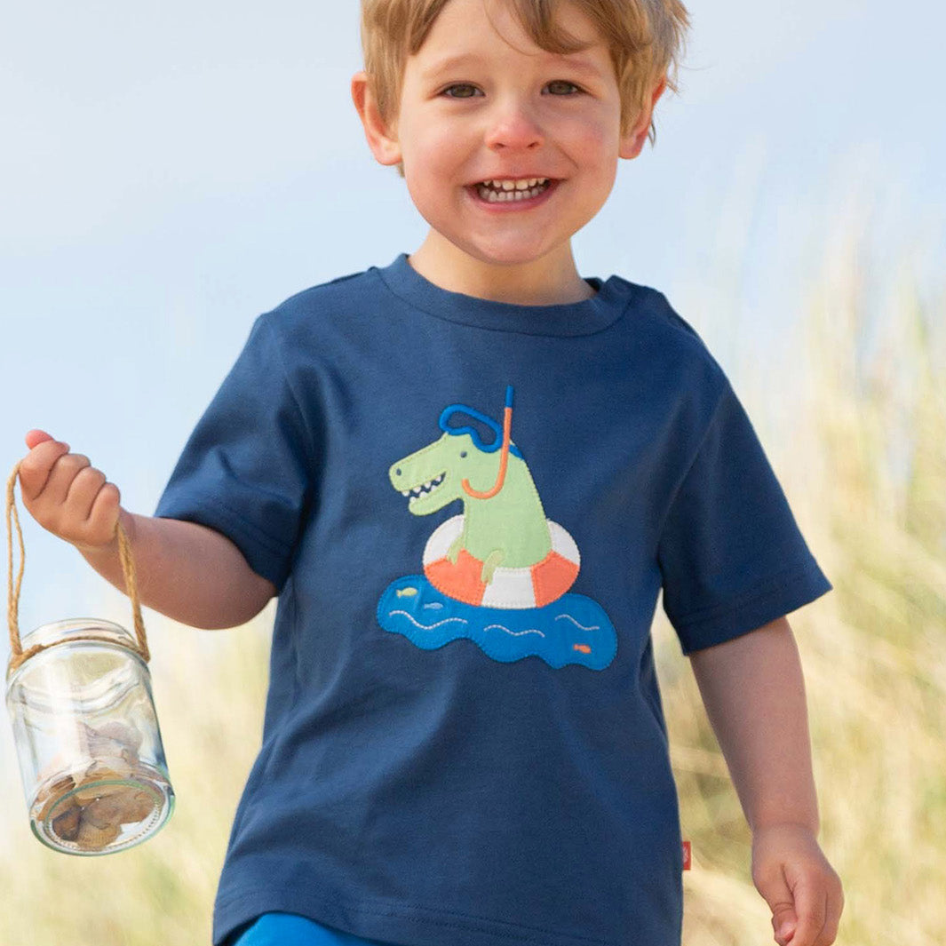 Organic Cotton Short Sleeve T-Shirt - Swimming Dino Appliqué